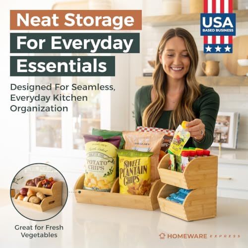 Potato and Onion Storage Bin, Stackable Bamboo Pantry Organizer and Storage