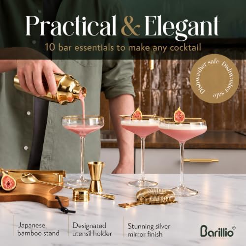 Gold Bartender Kit - Stainless-Steel Cocktail Shaker Set w/Bamboo Stand - Mixology Bar Tools w/Shaker, Drink Mixer Spoon & Muddler for Cocktails - Home Bar Accessories - 10-Pc Bar Set