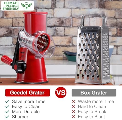 Geedel Rotary Cheese Grater, Kitchen Mandoline Vegetable Slicer with 2 Interchangeable Blades, Easy to Clean Rotary Grater Slicer for Fruit, Vegetables, Nuts - Image 2