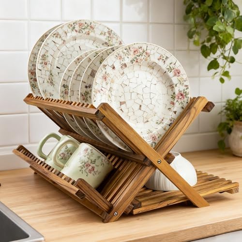 Large Teak Dish Drying Rack, Wood Collapsible Organizer for Plates