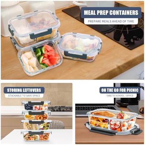 Glass Meal Prep Containers with Lids, 2 & 3 Compartment Lunch Containers