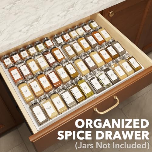 Bamboo White Spice Drawer Organizer, (Need 3" Deep Drawer) Expandable 4 Tier Spices Rack for Cabinet, Kitchen Seasoning Storage Insert (Jars Not Included, From 12" to 23" Wide)
