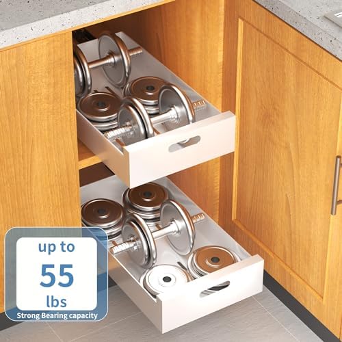 1 Pack | 21" Deep Pull Out Cabinet Organizer Adhesive, 10-Inch Wide Sturdy Carbon Steel Roll-Out Drawers, Designed for Frameless Cabinets, Slide-Out Shelves for Pantry.