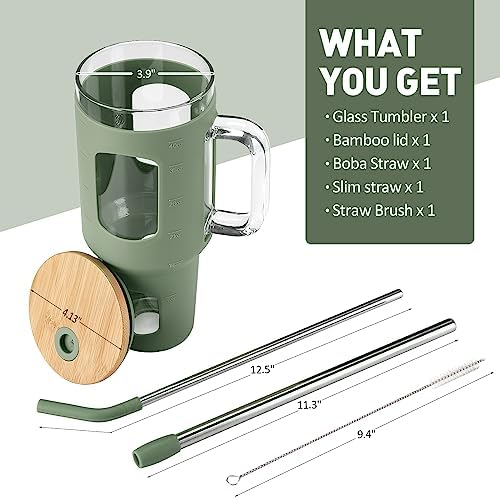 Glass Tumbler with Straw and Lid, 40 oz, Olive