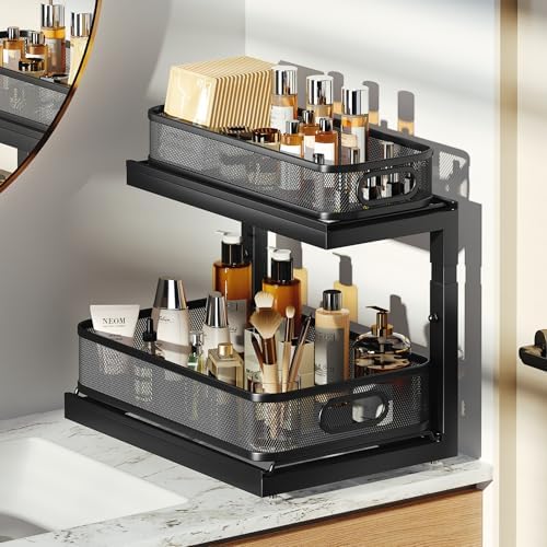 2-Pack Under Sink Storage Organizer with 2-Tier Slide Out Drawer, Sophisticated Mesh Pull Out Shelf for Kitchen & Bathroom, Fits Small Items, Upgraded Arched Track for Smooth Gliding(Patented)