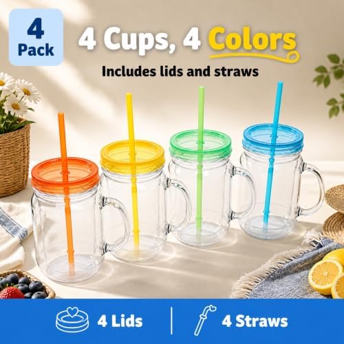 Plastic Mason Jars with Handles, Lids and Straws | 20 oz Double Insulated Tumbler with Straw | 4 Pack Set of 4 | Wide Mouth Mason Jar Mugs | Cups for Kids and Adults…