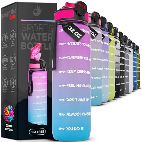 Motivational Water Bottle with Time Marker, 32 oz Water Bottle, Sports Water Bottle with Spout, Achieve All-Day Hydration SpillProof, BPA FREE