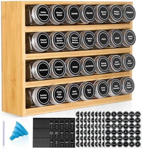 Bamboo Spice Rack Organizer With 28 Glass Spice Jars 4 oz, for Countertop
