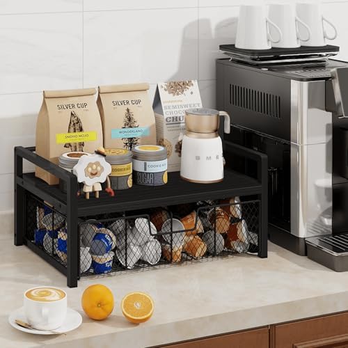 Wood Tea Bag Organizer, Teabag Holder with Drawer, Tea Organizers and Storage Box, 8 Compartments Tea Caddy Station Chests Display Container for Counter Kitchen, Black