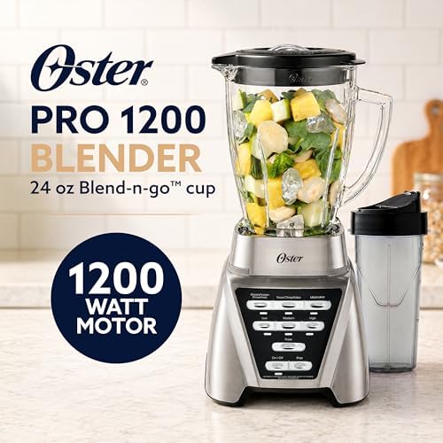 Oster Pro 1200 Smoothie Blender with Glass Jar & 24oz To-Go Cup, Countertop Kitchen Blender with 7 Speeds, 1200W Power, Brushed Nickel - Image 2
