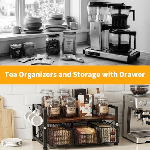 Tea Bag Coffee Bar Organizer,Teabag Holder & Coffee Station with Storage Drawer,Wood Tea Station Chest Display Container Box for Countertop Kitchen (Rustic Brown)