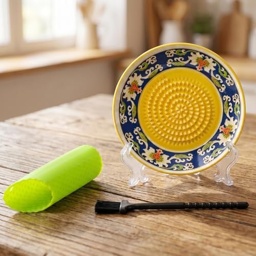 Grater Plate Bowl, 4PCS Ceramic Grater Set, Handmade Pottery Grinding Bowl with 4.6" Plate, Peeler, Brush & Stand, for Garlic Ginger Cheese Tomato, Home Kitchen Gift (#I)