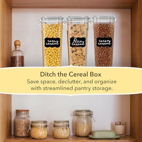 Airtight Cereal Containers with Lids – 3 Piece Tall Kitchen Pantry Organization Set, BPA-Free Clear Plastic, Pour Spout Lids for Breakfast Cereal, Rice, Flour, Sugar, Snacks