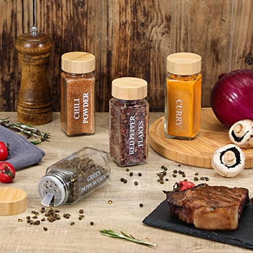 36 Pcs Glass Spice Jars with Bamboo Lids, 4 oz Glass Jars with Minimalist Farmhouse Spice Labels Stickers, Collapsible Funnel, Seasoning Storage Bottles for Spice Rack, Cabinet, Drawer