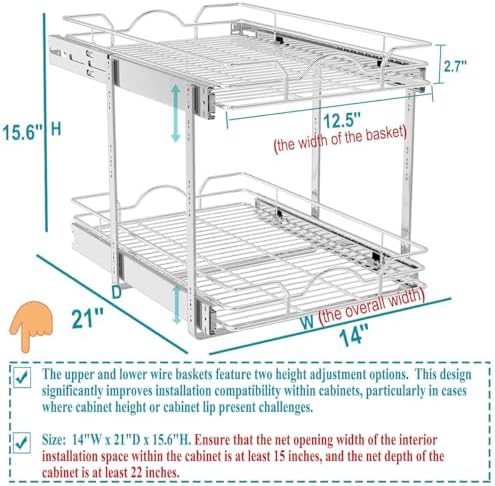 2 Tier Pull Out Cabinet Organizer (14" W x 21" D), Pull Out Drawers for Kitchen Cabinets, Pull Out Shelves for Base Cabinet Organization in Kitchen Bathroom Pantry, Chrome Finish