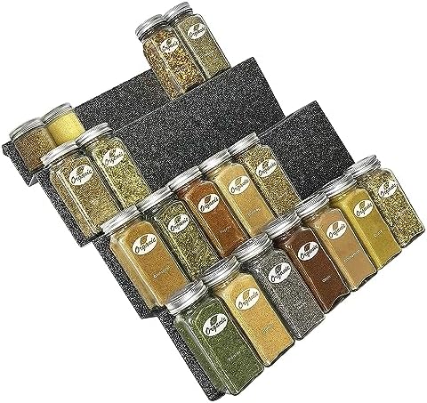 Spice Drawer Organizer - Heavy Gauge Steel 4 Tier Rack - Drawer Insert Tray for Jars, Herbs and Seasoning - Kitchen Cabinet Storage - Silver Metallic, Large