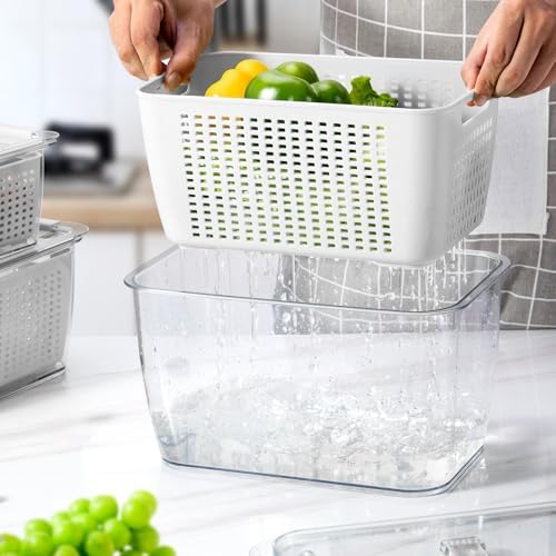 4 Pack Fruit Vegetable Containers for Fridge, Produce Saver Container with Lids &Removable Colander BPA-free Refrigerator Storage Organizer for Fruit Vegetable, Berry, Meat keep Fresh Longer