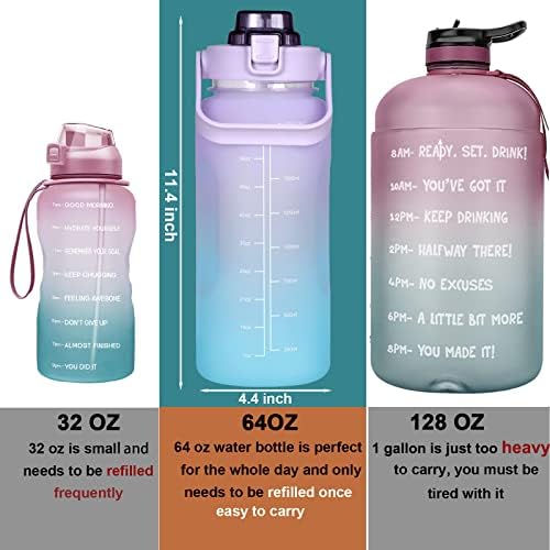 Large Half Gallon 64 OZ Motivational Water Bottle with Straw Time Marker BPA Free for Sport and Fitness Purple Green