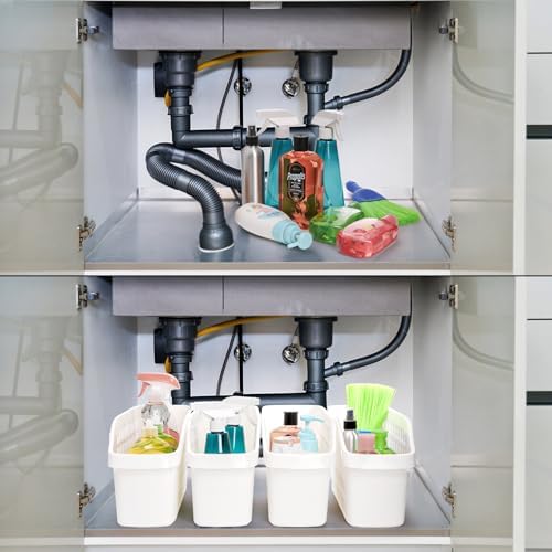 4 Pack Plastic Under Sink Organizer with Wheels, Roll Out Bottle Organization Bins Narrow Kitchen Cabinet Organizers Multifunctional Plastic Organizer Basket for Under Sink, Kitchen, Bathroom