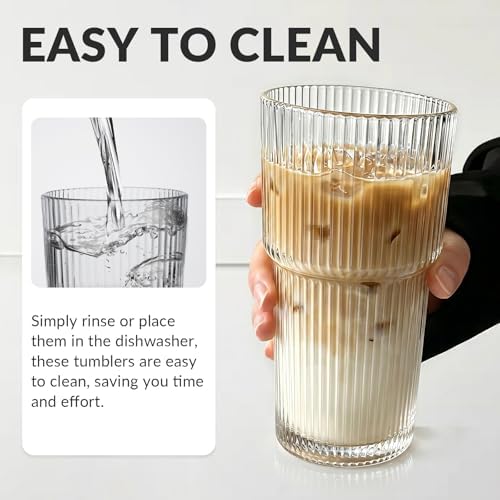 4 Pack Glass Cups with Lids and Straws, 20oz, Ribbed Pattern