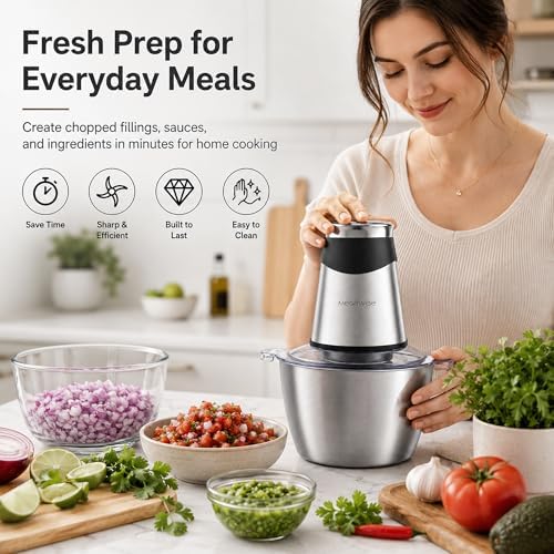 Food Processor, 800W Electric Meat Grinder with 0.6L Glass Bowl & 1.2L Stainless Steel Bowl, Dual Speed Modes and Bi-Level BladesBlades for Meat, Vegetables, Nuts, Fruits, and Baby Food