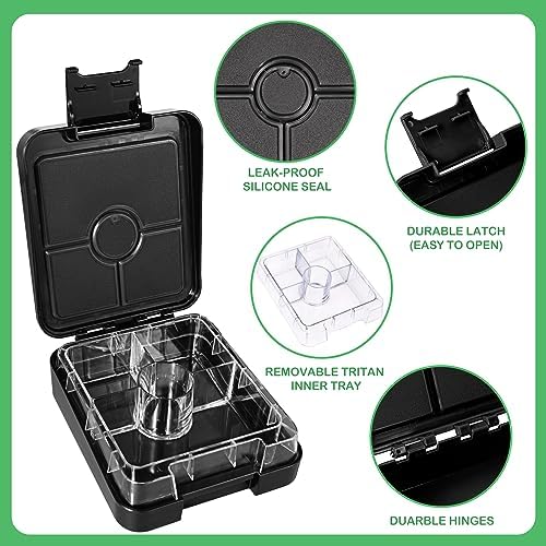 Bento Lunch Box Set With 10oz Soup Thermo, Leak-proof Lunch Containers with 4 Compartment, Kids Hot Thermo Food Jar/Insulation Lunch Bag, Food Containers for School (Black)