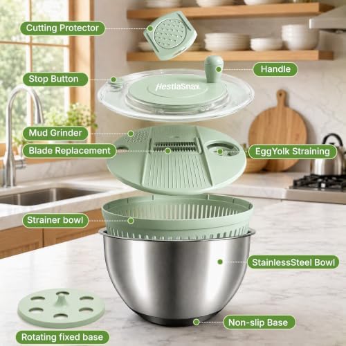 Stainless Steel Salad Spinner 4.25qt, One‑touch Stop Button & Non‑slip Base, Vegetable Dryer Bowl with 5‑blade Slicer & Egg Yolk Strainer for Kitchen Party Use - Image 3