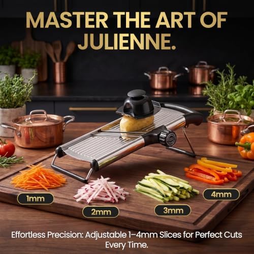 SAFI Mandoline Slicer for Kitchen, Adjustable 3-9mm Stainless Steel Vegetable Slicer with Julienne Blade, Non-Slip Base, Safety Hand Guard, Cut-Resistant Gloves & Brush – Potato, Onion & Fruit Cutter.