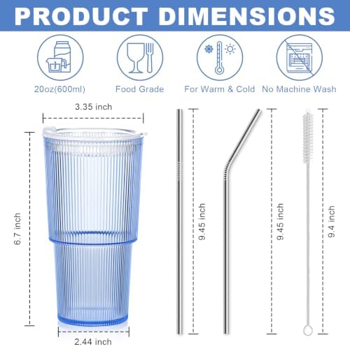 4 Pcs 20oz Plastic Ribbed Tumblers with Lid and Straws Blue Plastic Reusable Iced Coffee Cups with Lid Unbreakable Vintage Ribbed Drinking Glasses Tumbler for Juice Smoothie Beverage with Clean Brush