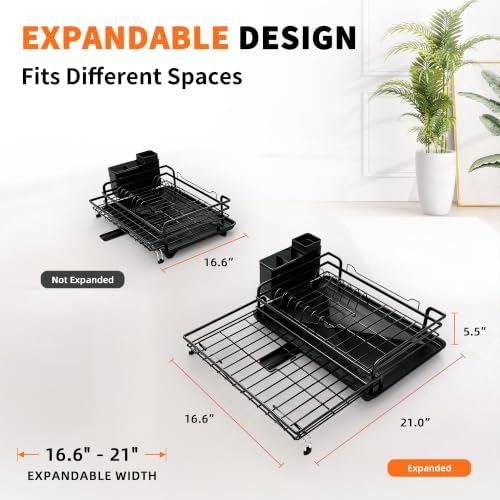 Expandable 2-in-1 Dish Drying Rack with Drainboard (Black)