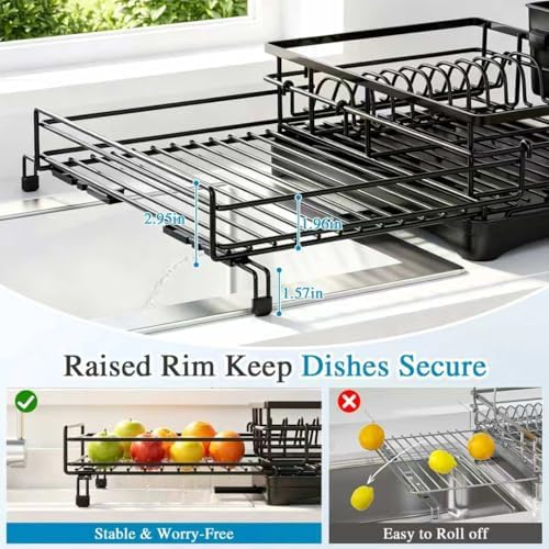 Expandable Dish Drying Rack for Kitchen Counter, Large Capacity Dish Rack with 360° Rotatable Drain Spout & Utensil Holder, Stainless Steel Dish Drainer for Kitchen Sink, Black Trombone