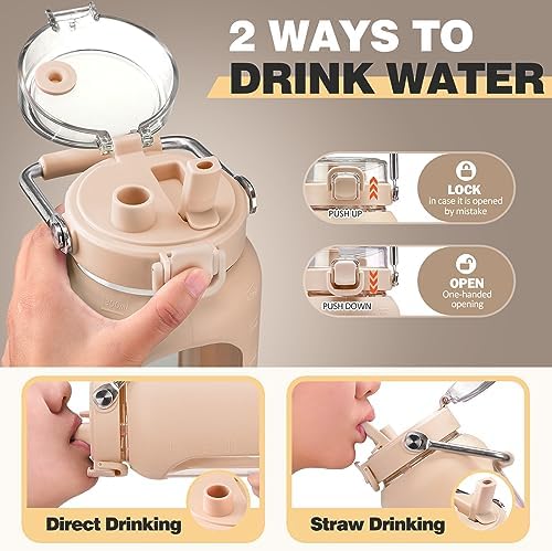 64oz Water Bottle Glass with Stainless Steel Handle Large Water Bottle with Time Markers and Silicone Sleeve Half Gallon Water Jug BPA Free for Gym Daily Use, Amber