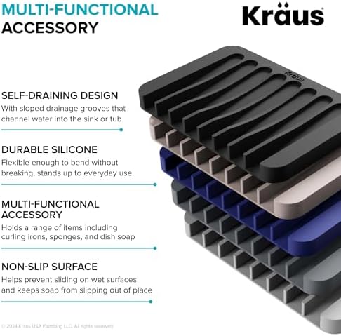 KRAUS Multipurpose Self-Draining Silicone Soap Dish/Sponge Holder for Bathroom or Kitchen Counter in Light Grey, KDM-05LG
