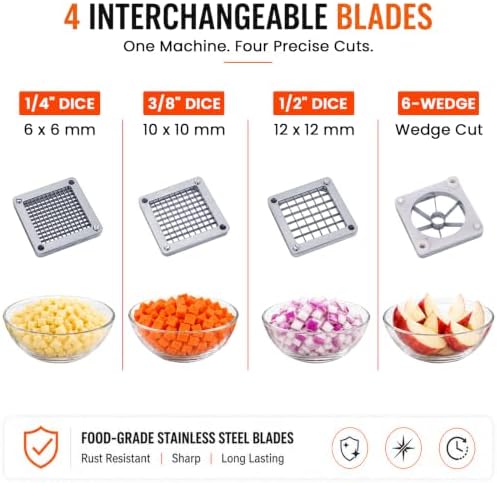 Commercial Vegetable Fruit Chopper W/6-Wedge Slicer&1/4″&3/8″&1/2" Blade Professional Food Dicer French Fry Cutter Onion Slicer Stainless Steel For Tomato Peppers Potato Mushroom
