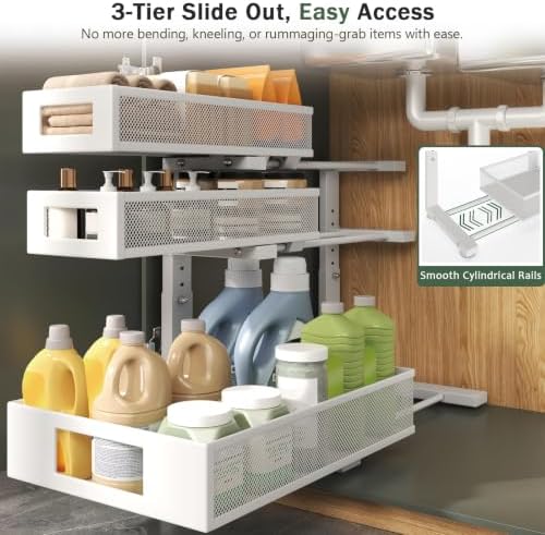 3-Tier Pull Out Under Sink Organizer,2-Pack Heavy Duty Metal Cabinet Organizer Shelf with Suction Cups,5-Level Adjustable Height,L-Shaped Storage Drawer Rack for Kitchen,Bathroom,Laundry,Pantry-White