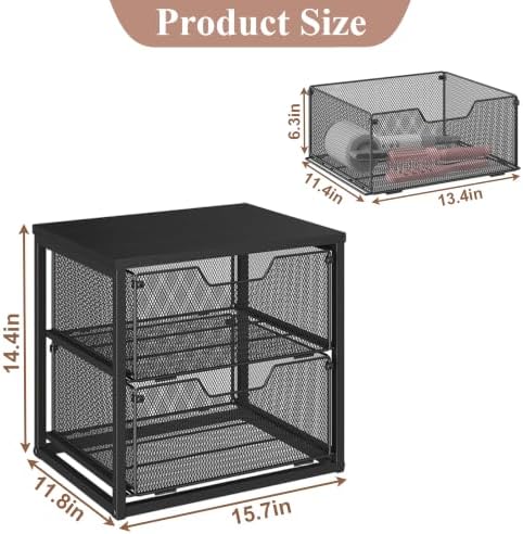 2-Tier Stackable Storage Drawers, Breathable Wire Mesh with MDF Top