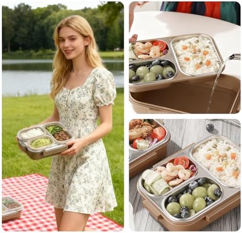 Adult Lunchbox, 304 Stainless Steel Lunchbox, Leak-proof 3-compartment Stainless Steel, Suitable for Office and Outdoor Use