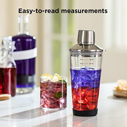 18 oz Glass Cocktail Shaker with Printed Measurements, Multi-Use Stainless Steel Topper with 1.5 oz Jigger Cap and Strainer, 3.94 x 3.54 x 9.06 IN