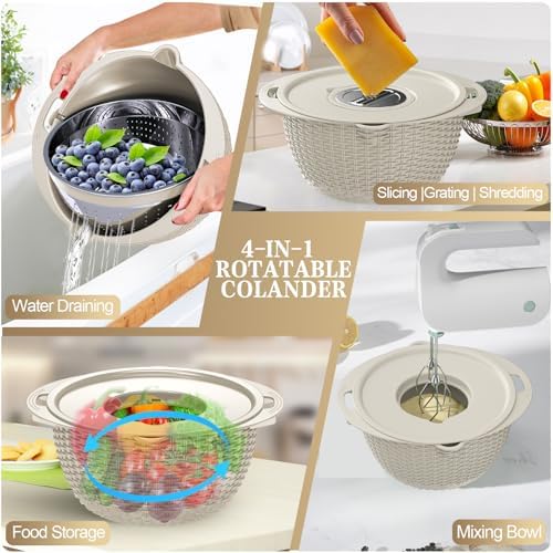 4-in-1 Colander with Bowl Set - Patented - 360° Rotatable Strainer, Beige