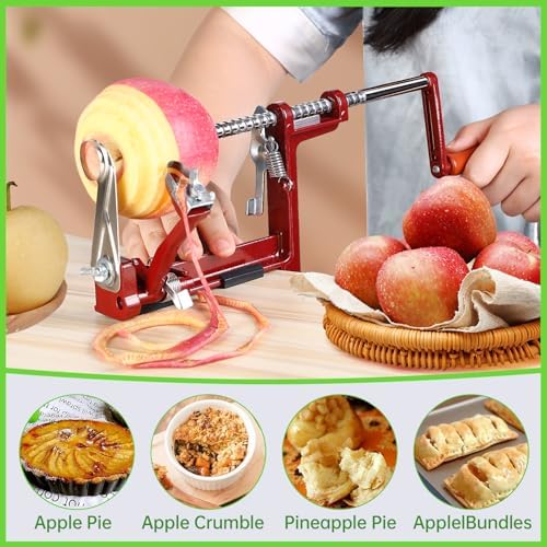 Apple Peeler Corer, Long lasting Chrome Cast Magnesium Alloy Apple Peeler Slicer Corer with Stainless Steel Blades and Powerful Clamp Base for Apples and Potato(Deep Red)