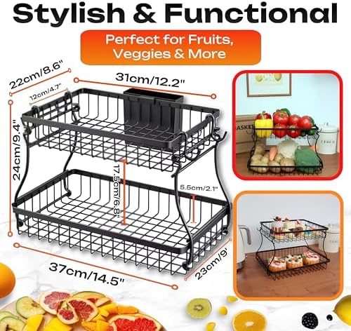 2 Tier Fruit Basket with Banana Hanger & Utensil Pocket – Metal Kitchen Counter Organizer for Fruits, Vegetables, Bread & Snacks + 3 Tools (Apple Corer, Banana Slicer, Peeler) – Perfect for Kitchen