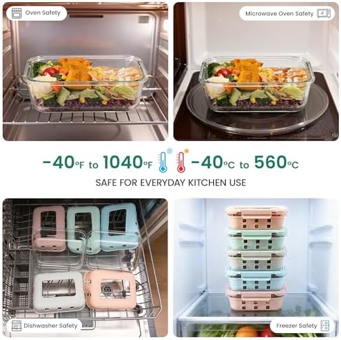 Glass Meal Prep Containers 5 Set, 4.4 Cup Airtight Leakproof Lids, Borosilicate Glass Food Storage Containers, Microwave Oven Freezer Safe, BPA Free Lunch Containers