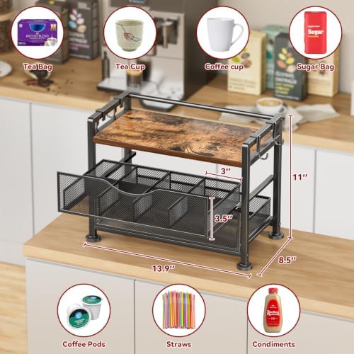 3 Tiers Tea Bag Organizer for Countertop - Wood Teabag Holder with Drawers