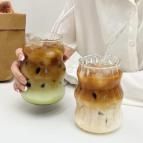 2 Pcs Ribbed Glass Cups 18 Oz Vintage Drinking Glassware Ripple Cocktail Glasses for Iced Coffee Juice Beverage Milk