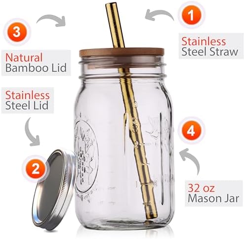 Reusable Boba Bubble Tea & Smoothie Cups - 2 Glass Wide Mouth 32oz Mason Jars with Bamboo Lids - 2 Reusable Gold Stainless Steel Boba Straws