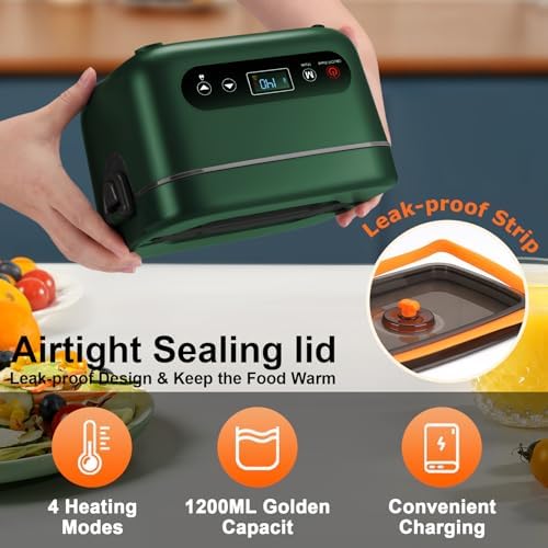 Heated Lunch Box for Adults, 1.2L Self-Heating Food Warmer, Green