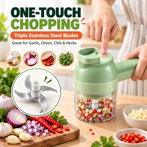 4 in 1 Handheld Electric Vegetable Chopper - 2026 New Wireless Multi Blade Vegetable Cutter Electric, Multi-function Food Processor with Brush & Egg Beater for Chopping, Slicing and Whipping