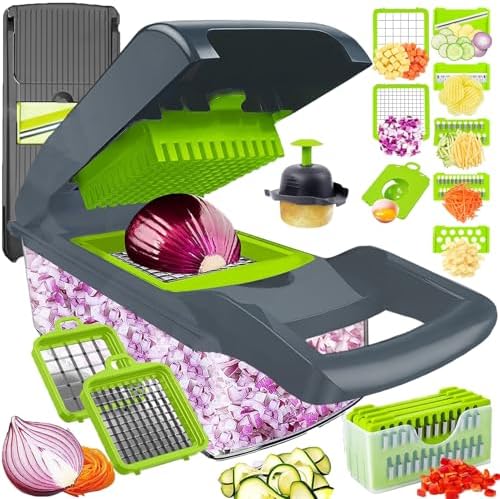 Vegetable Chopper Dicer with Container | Cheese Grater Mandoline Slicer Cabbage Shredder French Fry Cutter Stainless Steel for Veggie Onion Potato Fruit Food, Manual Hand Cooking Gadget for Kitchen