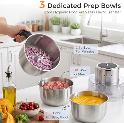 Food Processor with 3 Stainless Steel Bowls, Anti-Clog Magnetic Blade
