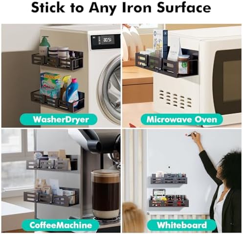 4 Pack Magnetic Spice Rack for Refrigerator with 4-Hook Rack and Paper Towel Holder, Black Magnetic Shelf and Fridge Kitchen Cabinet Organizers Storage Seasoning Organization Mini Shelves.